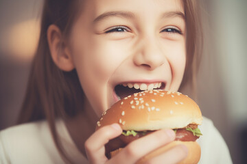 Pretty young girl biting hamburger, closeup. Generative AI