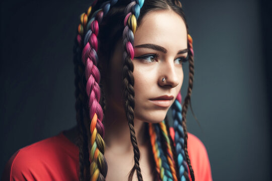 Young pretty woman with colorful braids, profile. Generative AI