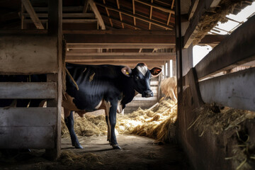 cow on the farm. rustic bullpen and farming. production of meat, beef, milk and dairy products. ai generative
