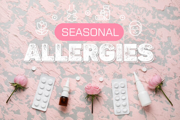 Nasal drops with pills and flowers on grunge background. Seasonal allergy concept