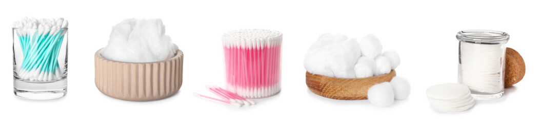 Set of cotton pads with balls and swabs on white background