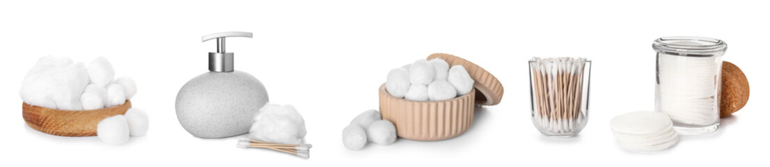 Group of cotton pads with balls and swabs on white background