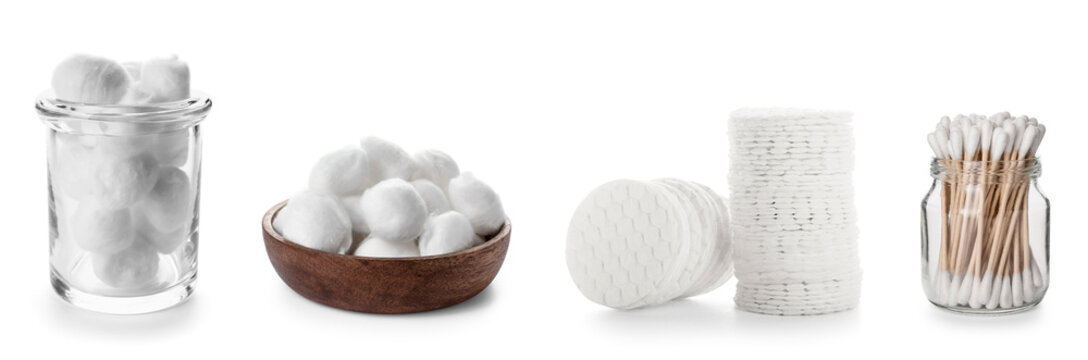 Collage of cotton pads with balls and swabs on white background