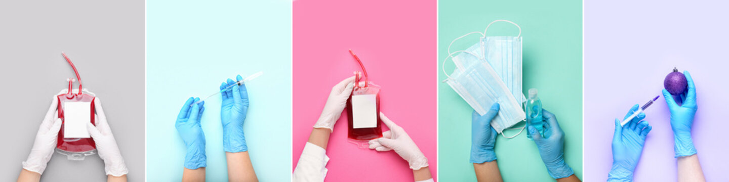 Hands of doctors in gloves and with different medical items on color background