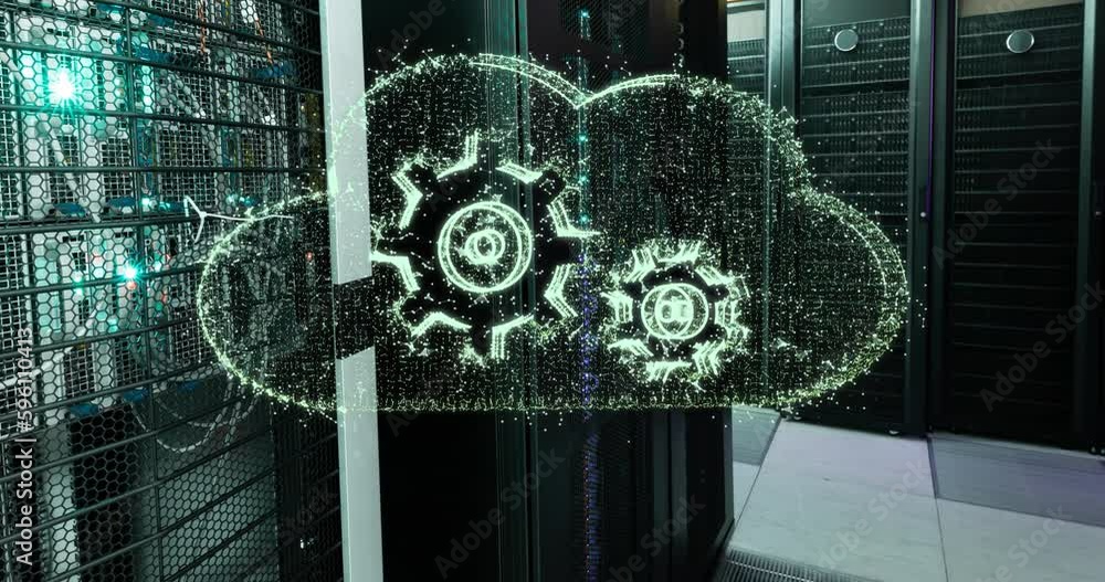 Poster animation of connected dots forming mechanical gears in clouds over server racks in server room