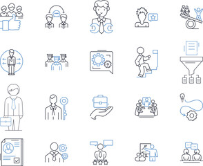 Managerial supervision line icons collection. Leadership, Control, Guidance, Oversight, Direction, Administration, Delegation vector and linear illustration. Empowerment,Management,Coordination