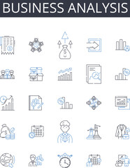 Business analysis line icons collection. Market research, Financial planning, Sales analytics, Risk assessment, Project management, Customer insights, Performance evaluation vector and linear