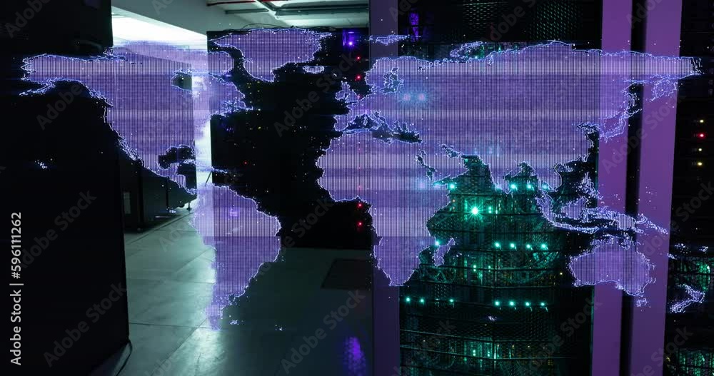 Poster animation of glitch effect over world map against computer server room