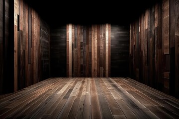 dimly lit room with wooden floors and walls. Generative AI