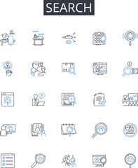 Search line icons collection. Hunt, Seek, Scour, Probe, Explore, Quest, Trace vector and linear illustration. Research,Look up,Investigate outline signs set