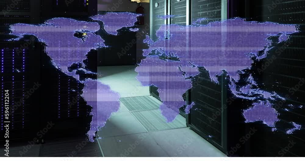 Poster animation of glitch effect over world map against computer server room