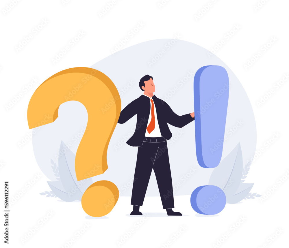 Poster businessman character standing near exclamations and question marks. man ask questions and receive a