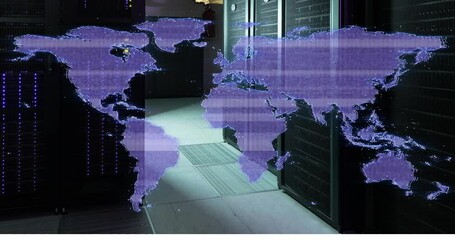 Animation of glitch effect over world map against computer server room - Powered by Adobe