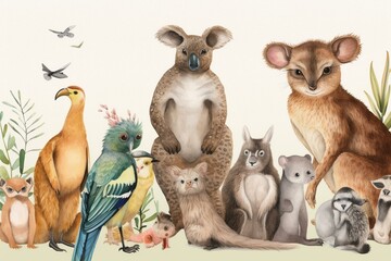 Watercolor illustration of Australian animals for kids' nursery with kangaroo, emu, koala, owl, echidna, swan, numbat, kookaburra, and cockatoo. Generative AI