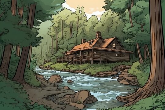 cozy cabin nestled in a forest next to a babbling brook. Generative AI