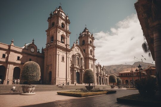 Public square in Huancayo, Peru featuring a cathedral and church constructed from stone. Generative AI