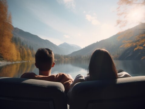 couple sitting on a Sofa and enjoying the view of the mountains and lake  -  Generative AI