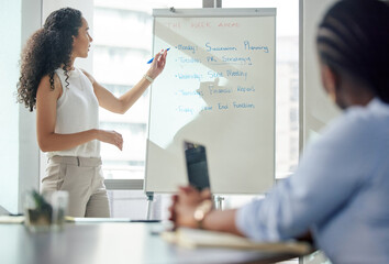 Lets see whats happening in the week ahead. a young businesswoman giving a presentation to her colleagues in an office.