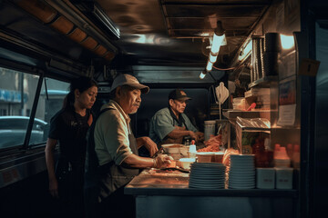 Fototapeta na wymiar fast food truck employees cooks prepare a food order, campers in the fast food truck. Generative AI