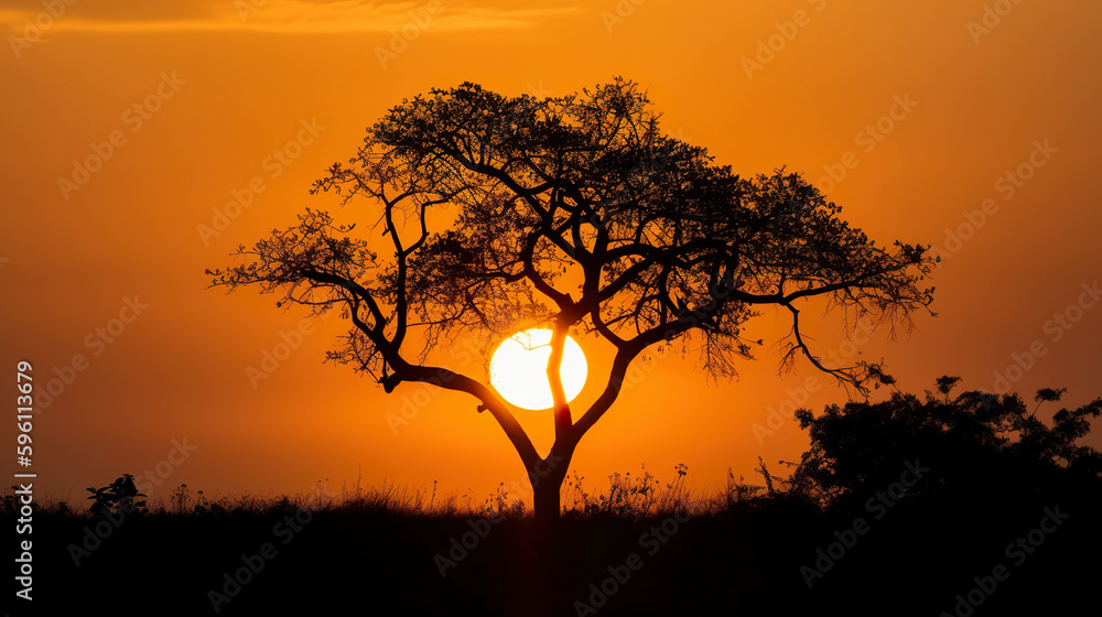 Aufkleber the sun is setting behind a tree in a field. ai generative image