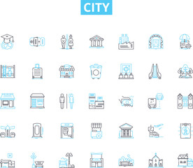 City linear icons set. Skyscrapers, Culture, Cuisine, Diversity, Architecture, Nightlife, History line vector and concept signs. Museums,Parks,Fashion outline illustrations Generative AI