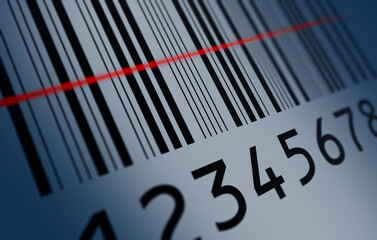 Bar code closeup with red scanning laser light 3D Render - Selective focus