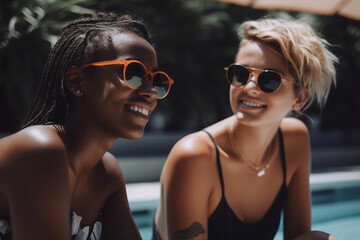 friends at the swimming pool, travel and vacations with sunshine. Generative AI