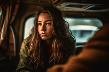 Fototapeta na wymiar young adult attractive woman sitting in caravan on travel, fictional location. Generative AI