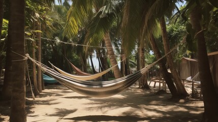 Hammock in the shade of palm trees, summer tropical vacation. AI generated