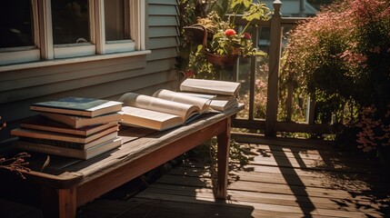 Fototapeta na wymiar Reading a book on a bench near house exterior. AI generated