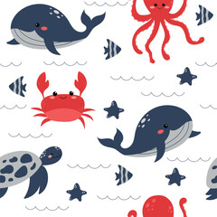 Vector hand drawn colorful childish seamless repeat simple flat pattern with whales, turtle, octopus and fish on white background. Cute baby animals. Pattern for children with whales. Sea. ocean.