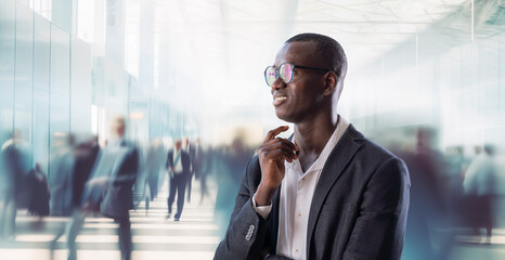 african american businessman on background business people in the city  business center abstract...