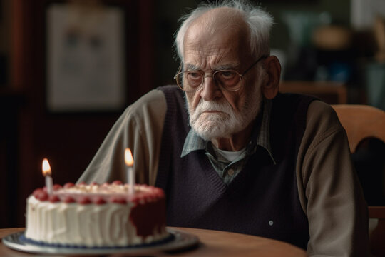 a sad or depressed or angry granpa, old man on birthday, on a chair at a table with a birthday cake, fictional person in fictional place. Generative AI