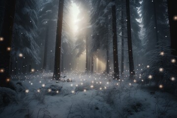 Snowy forest with tall trees covered in snow. In the center of the image, there's a small clearing. A magical atmosphere, feel like they're in a winter wonderland. Generative AI