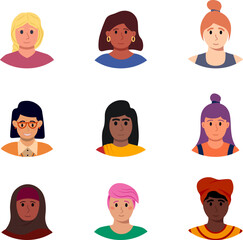 Set Of Different Women Portrait. Divercity Of Girls Faces. Vector Flat Illustration