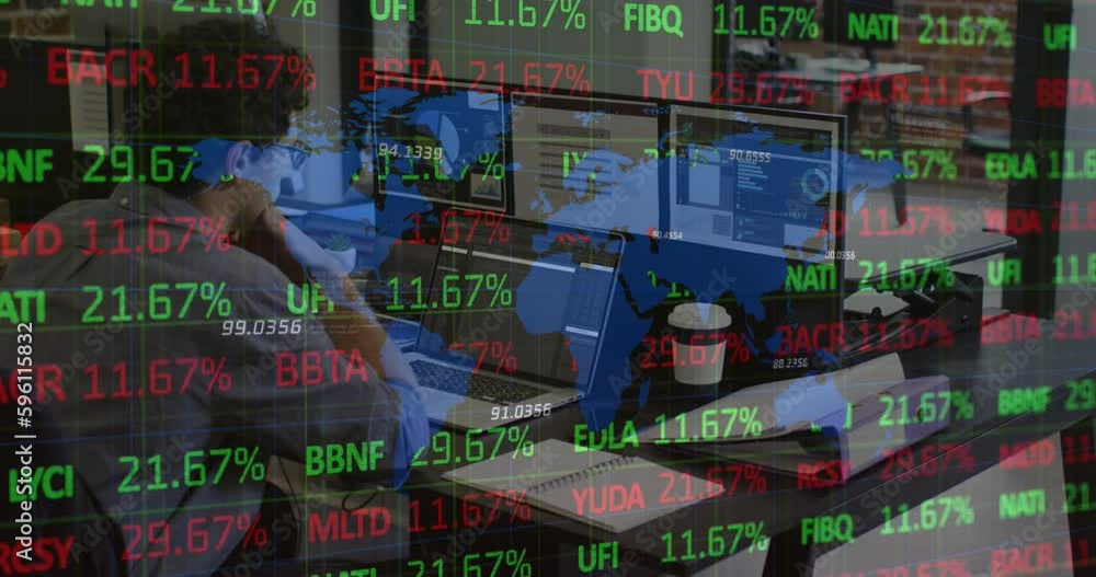 Poster world map, charts and financial data processing over caucasian businessman using computers in office