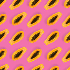 Fresh ripe papaya seamless pattern on pink background. Tropical abstract background. Top view. Creative design, minimal flat lay concept. Trend tropical fruit food background pattern