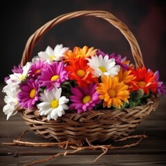 Fototapeta na wymiar Colorful daisies in a woven basket. Mother's Day Flowers Design concept.