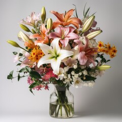 Mixed bouquet with lilies and daisies. Mother's Day Flowers Design concept.
