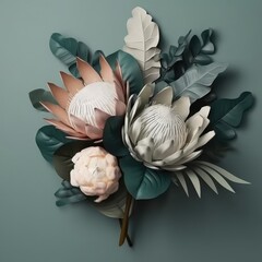 Modern bouquet with protea and monstera leaves. Mother's Day Flowers Design concept.