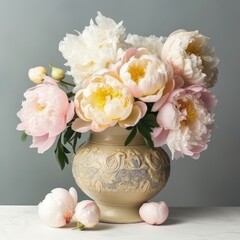 Pastel peonies in a decorative vase. Mother's Day Flowers Design concept.