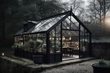 modern glass house nestled in the heart of a lush forest. Generative AI