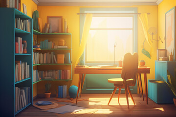 Fototapeta premium A cartoony workspace with a bright yellow desk, a green chair, and a sky blue bookshelf.