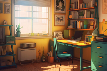 A cartoony workspace with a bright yellow desk, a green chair, and a sky blue bookshelf.