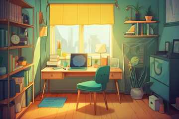 Fototapeta premium A cartoony workspace with a bright yellow desk, a green chair, and a sky blue bookshelf.