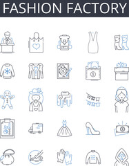 Fashion factory line icons collection. Clothing workshop, Style production center, Apparel mill, Trend hub, Garment manufacturing unit, Couture factory, Clothing refinery vector and linear