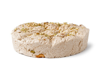 Tasty Tahini halva with pistachios on white background