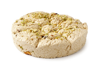 Tasty Tahini halva with pistachios on white background