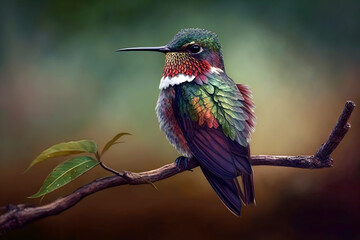 Fototapeta premium Beautiful brightly colored hummingbird, blurred background. Ai generated.