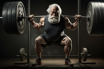 Fototapeta na wymiar An older man, grandfather with a beard, does very heavy weight lifting. Ai generated.